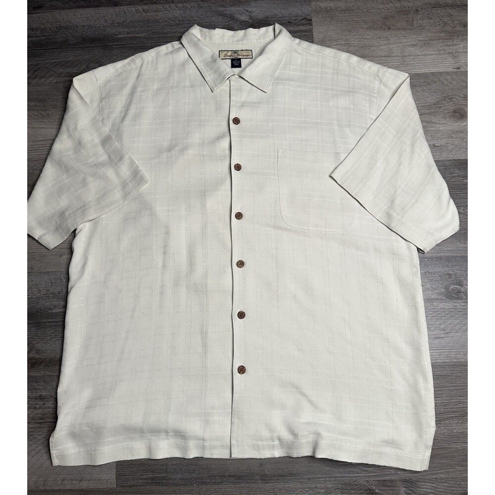 Tommy Bahama Silk Shirt Mens XL Ivory Short Sleeve Stripe Hawaiian Relax